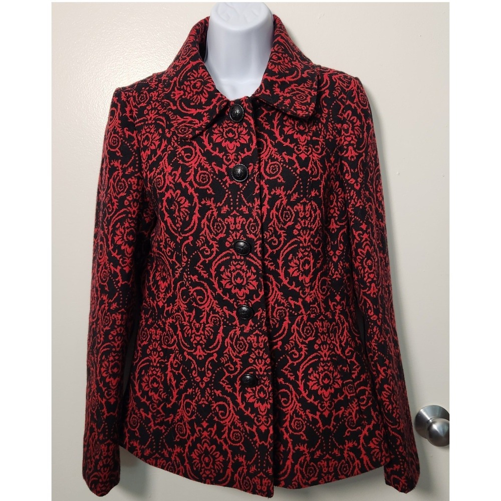 Jack Tapestry Lightweight Jacket Women's Med Red Black Pockets Crest‎ Buttons